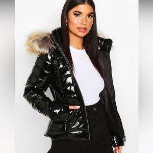 Boohoo Black High Shine Bubble/puffer Jacket - Removable Hood🖤